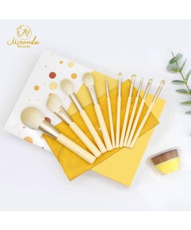 11-Piece Wooden Handle Makeup Brush Set | Little Pudding Beauty Tools with Storage Bag - Yellow - Buy Online on GoSupps.com