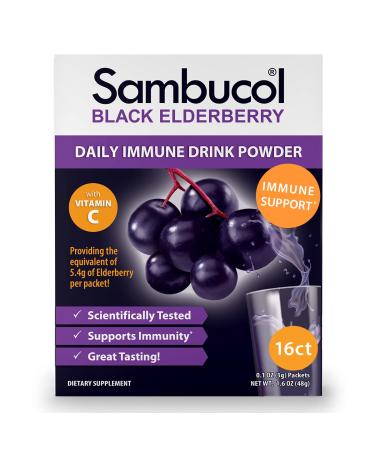 Sambucol Black Elderberry Drink Powder - Daily Immune Black Elderberry Powder with Vitamin C Vegan Friendly Sugar Free No Artificial Flavors Delicious Berry Taste - 16 Count