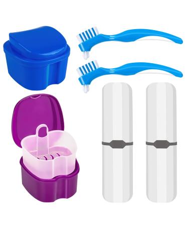 Denture Case Kit, 2 Denture Cup with 2 Denture Brush & 2 Portable Brush Box, Denture Bath Cup with Strainer & Lid for Travel, Storage Soak Container Retainer Cleaner (Blue & Purple) blue&purple