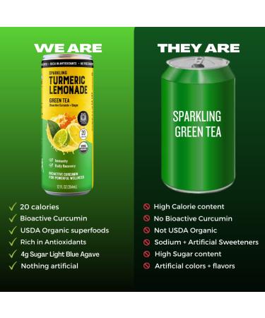 Golden Tiger Organic Sparkling Turmeric Lemonade with Green Tea - 12 Cans | Bio Active Curcumin + Ginger | Plant Based Immunity & Recovery Support - Buy Online on GoSupps.com