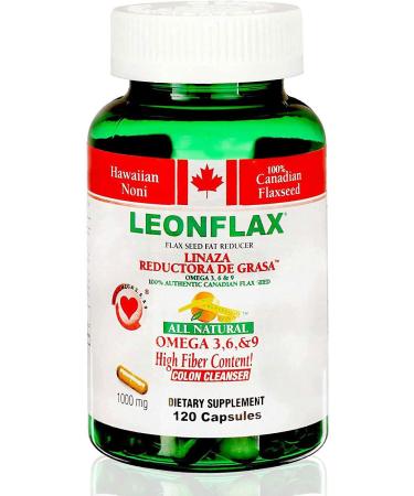Leonflax Canadian Flaxseed Plus Fat Reducer, 100% Natural, Authentic Linaza Seeds, High Fiber Supplement, Omega 3 6 and 9, 120 Capsules, 1000 mg, 1 Pack