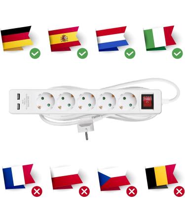 Emos Socket Strip with USB - 5 Multiple Sockets 2x 2.1A Charging Switch & Enhanced Safety - IP20 Indoor Use - Buy Online on GoSupps.com