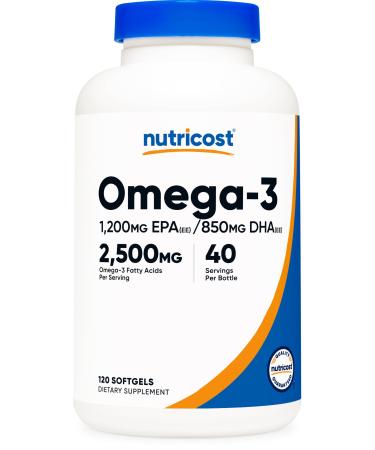 Nutricost Omega 3 Fish Oil - 2500MG 120 Softgels (40 Serv) - Fish Oil Wild Caught! 1200mg EPA 850mg DHA - Non-GMO Gluten Free 120 Count (Pack of 1)