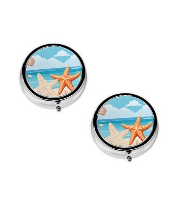 (Seashells Sand) Round Pill Box 3 Compartment Pill Box Mini Decorative Pocket Purse Portable Travel Medicine Tablet Vitamin Holder Organizer Pill Case