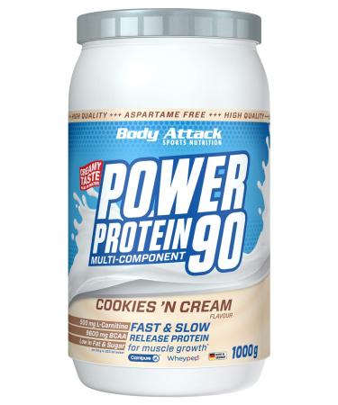 Body Attack Power Protein 90 - Cookies N Cream - 1kg can - Multi -component Protein Powder Made in Germany - With BCAA Vitamins & L -Carnitin - Protein Shake Extra creamy taste Cookie 1 kg (1 Pack)