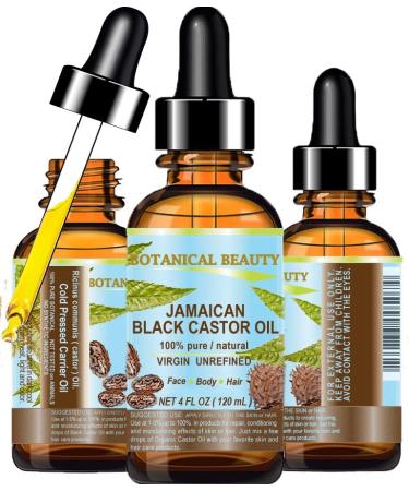 Botanical Beauty Black Castor Oil Jamaican. 100% Pure Natural Virgin Unrefined Cold Pressed Carrier Oil. 4 Fl.oz.- 120 Ml. For Face Skin Hair Eyelashes Brows and Nails