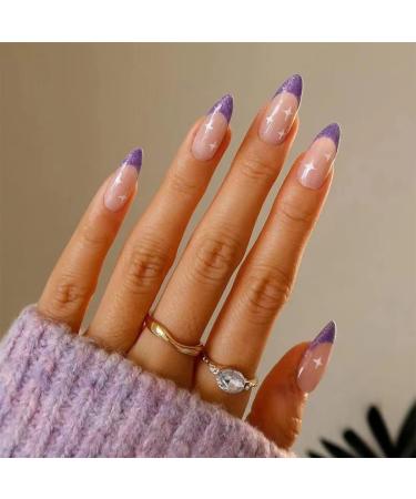 Sethexy abstract almond shape false nails French press on nails swirl fingernails 24st acrylic nails to stick on for women and girls purple2