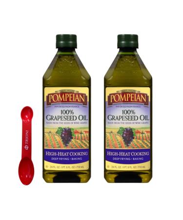 Grapeseed Oil Bundle of Two (2) 24 oz bottle of Pompeian Grapeseed Oil high heat cooking oil for deep frying and baking along with our custom TRIONI spoon!