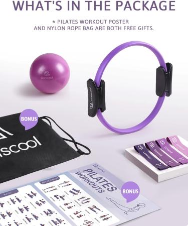 LIONSCOOL PILATES RING SET - Premium 14 Magic Circle with Dual Padded Handles, Mini Ball & Resistance Bands - Purple - Buy Online on GoSupps.com