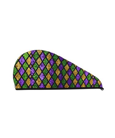 Hair Towel Wrap Hair Drying Towel with Button Towel Turban Head Towel to Dry Hair Quickly (Mardi Gras Shiny Green Purple)