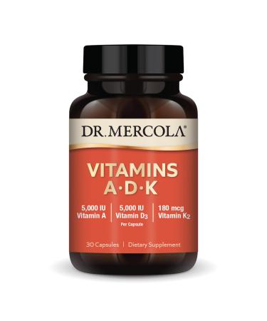 Dr. Mercola Vitamins ADK, 30 Servings (30 Capsules), Dietary Supplement, 5000 IU Vitamin A & Vitamin D3, 180 mcg Vitamin K2, Supports Immune Health, Non GMO