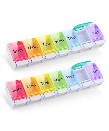 2 PCS Weekly Pill Organizer Arthritis Friendly Travel 7 Day Pill Box Vitamin Case with Spring Open Design and Storage Case Large Compartment to Hold Vitamins Fish Oil Supplements and Medication