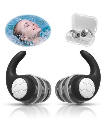 Ear Plugs for Swimming Swimmer Earplugs for Adults 2 Pack Waterproof Reusable Silicone Swim Earplugs for Swimmers Pool Surfing Kayaking Canoeing Showering Bathing (Adults & Teens 12+) Black+gray