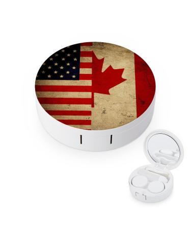 Vintage American And Canadian Flags Round Case For Contact Lens Kit Storage Box with Mirror Printed