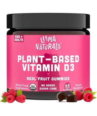 Llama Naturals Real Fruit Vitamin D3 Gummies Kids & Adults; No Added Sugar Cane, Organic, Vegan, Healthy Bones, Immunity, Mood, for Women, Men, Children; 200% DV Each; 60 ct (30-60 Days) (Raspberry)