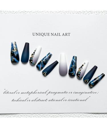 24 Pcs Long Coffin Dark Blue Press on Nails with Rhinestone and Gold Sequins - Gradient Matte Full Cover False Nails for Women and Girls - Buy Online on GoSupps.com