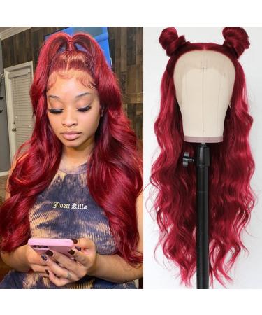 QD-Tizer Red Hair Color Lace Front Wigs Burgundy Red Long Wavy Hair Wig Glueless Heat Resistant Fiber Hair Synthetic Lace Front Wigs for Fashion Women Pre-plucked Hairline