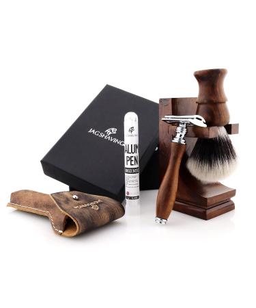 JAG Shaving Razor Set - Sustainable 4 -part razor set made of wood - synthetic silver spitzhaar razor brush - double edge of the razor blades of razor blades - shaving rapids - leather bag for razor planer