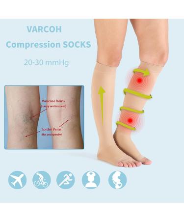 Varcoh Plus-Size Compression Stockings for Women & Men | Knee High Open Toe | Class 2 Support for Varicose Veins | Sizes S-4XL | Beige - Buy Online on GoSupps.com