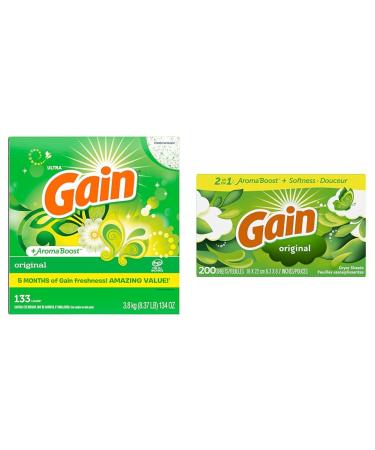 Gain Powder Laundry Detergent (Laundry Soap) HE Compatible Original Scent 133 Loads & Fabric Softener Dryer Sheets Original Scent 200 Count Laundry Detergent+ Dryer Sheets