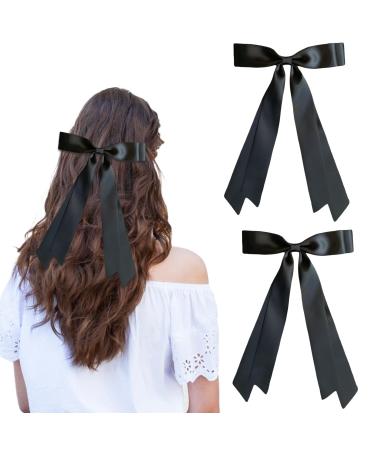 Leogony Hair Bows Clip Black Hair Ribbons with Long Silky Satin for Girls Women