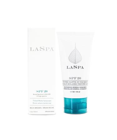 SPF20 Tinted Mineral Sunscreen by LASPA | Broad Spectrum UVA & UVB Protection | Non-Comedogenic & Fragrance-Free | Hypoallergenic | Matte Finish 5 Shades For All Skin Tones (Rich Brown) 1.07oz