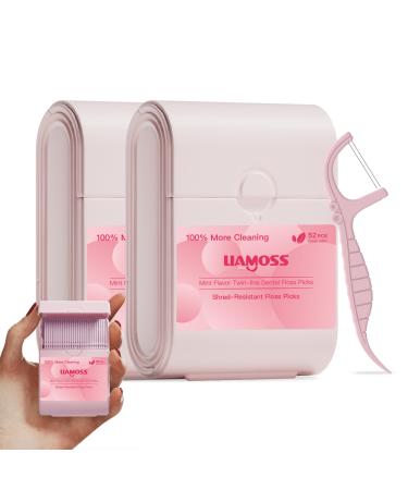 Twin-Line Dental Flossers 2 Box LIAMOSS Cool Mint Flavor Shred Resistant Dental Floss Picks Pink Handy Case 104 Count Toothpicks Sticks Effective Interdental Cleaning On The Go Flossing(Pink) Pink 2 Handy Case