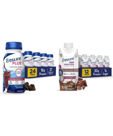 Ensure Plus Nutrition Shake 24 Count With 16 Grams of Protein Meal Replacement & Max Protein Milk Chocolate Nutrition Shake 30g Protein 1g Sugar 4g Comfort Fiber