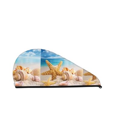 Hair Towel Wrap Hair Drying Towel with Button Towel Turban Head Towel to Dry Hair Quickly (Beach Starfish Shell)