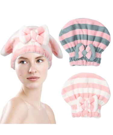 Haomye Microfiber Hair Dry Cap Absorbent Quick Drying Cap Soft Hair Drying Towel Stripe Dry Hair Cap Hair Towel Cap with Bow-Knot Shower Cap for Women and Girls 2Pcs (Pink Blue & Pink White)