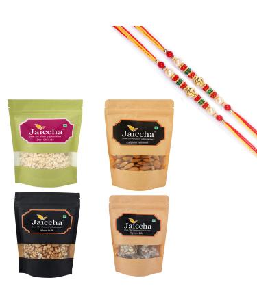 Ghasitaram Gifts Rakhi Gifts for Brothers Rakhi Sweets - Healthy Hamper Sugarfree Anjeer Bites Wheat Puffs Diet Chiwda and Almonds Pouch with 2 Pearl Beads Rakhis