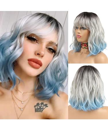 Noble blue wig with a pony short bob Curly wigs for women Colorful wavy bob wig with Air Bang's heat -resistant synthetic silver blue wigs.12 inch splinter blue - Buy Online on GoSupps.com