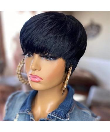 QiaQiaRing Pixie Cut Wigs For Black Women 9A Brazilian Short Straight Human Hair Wigs with Bangs Short Layered Pixie Wigs for Black Women Natural Black Color