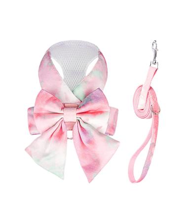 PETCARE Cute Bow Tie Dog Harness and Leash Set Elegant Rainbow Gradient Puppy Harness No Pull Soft Mesh Pet Cat Dog Vest Harnesses for Small Dogs Cats M (Suggest 5-8 lbs) Pink
