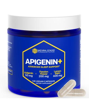 NATURAL STACKS Apigenin Supplement for Sleep - 50mg Apigenin & 600mg Lemon Balm - Melatonin Free Sleep Aid - with Passion Flower Extract for Stress Support* - 120 Lemon Balm Capsules 120 Count (Pack of 1)