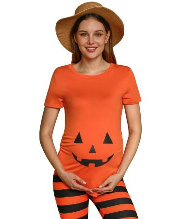 For G and PL Halloween Pregnancy Womens Top Maternity Funny Graphic Short Sleeve Shirt S-XXL S Orange Pumpkin Carved Face
