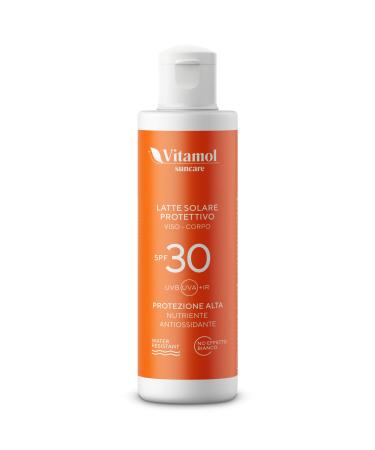 Vitamol Vitamol High Sun Protection SPF 30 Face and Body Sunscreen Lotion protects against UVA and UVB rays. No white cast. Water resistant.