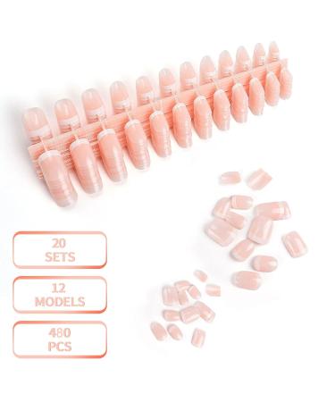 480 Pcs Natural French Short False Nails Acrylic Full Cover Nails - 12 Sizes with Simple Case Pink - Buy Online on GoSupps.com