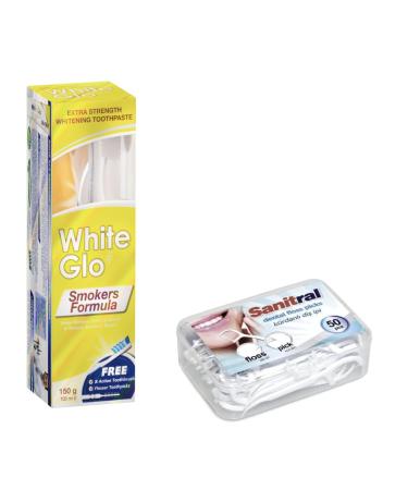 White Glo Smokers Formula Whitening Toothpaste 150g & Toothbrush (with 50 Dental Sticks included as a gift)