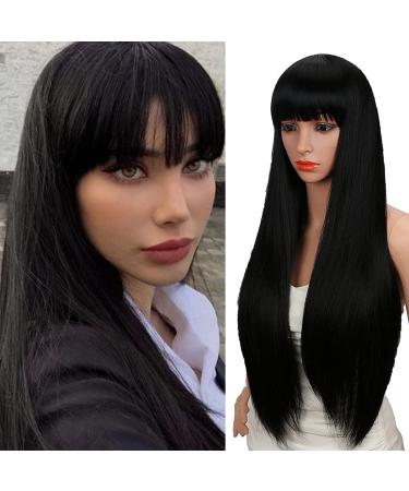 Kalyss 28 inches Women's Silky Long Straight Black Wig Heat Resistant Synthetic Wig With Bangs Hair Wig for Women Black 1B