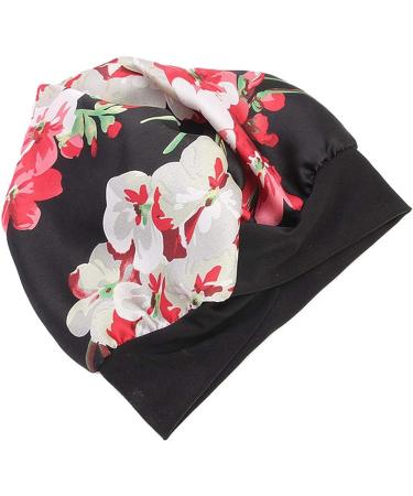 DuoZan Women's Satin Turban Elastic Wide Band Bonnet - Black Flower | Soft Silky Night Sleep Hat for Hair Loss - Buy Online on GoSupps.com