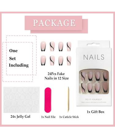 24Pcs Pink Ballerina French Press On Nails Medium Coffin False Nails - Removable Glue-on Fake Nails for Women - Black Acrylic Full Cover Nail Art Accessories - Buy Online on GoSupps.com