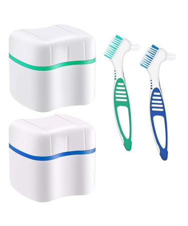 2 prosthesis cases prosthesis storage box prosthesis burial set prosthesis container with prosthesis cleaning brushes for storing and cleaning false teeth green + blue