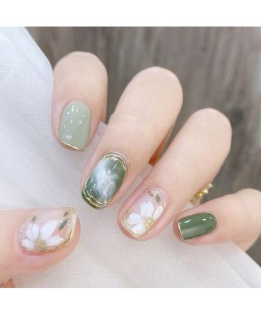 Short Square Press on Nails Acylic Fake Nails Full Cover False Nails with Camellia Flower Designs Glossy Green Halo Stick on Nails Artificia Glue on Nails for Women 24 Pcs Green Halo Camellia