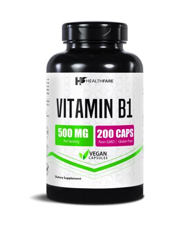 Healthfare Vitamin B1 (Thiamine) 500mg | 200 Vegan Capsules | Extra Strength High Potency Supplement | Supports Energy & Nervous System | Non-GMO Gluten-Free | Made in USA 200 Count (Pack of 1)