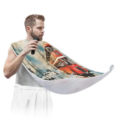 City Double Decker Bus Beard Bib Apron Beard Hair Catcher for Men Shaving Fathers Day Anniversary Christmas Gifts for Dad Husband Beard Bib with 2 Suction Cups