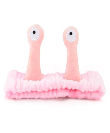 Snail Spa Headband Facial Makeup Head Band Cute Cartoon Face Wash Hair Bands Makeup Headbands Coral Fleece Elastic Head Wraps for Women Girls Beauty Skincare (Pink)