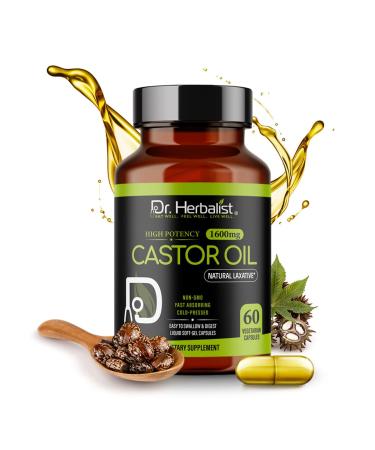 Dr. HERBALIST Castor Oil Capsules - 1600mg per Serving 60 Count - Non-GMO Fast-Absorbing Vegetarian Cold-Pressed and High Potency - Supports Skin Hair Natural Laxatives and Digestive Health 1 Count (Pack of 1)