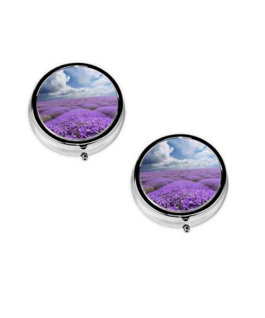 (Lavender Flower) Round Pill Box 3 Compartment Pill Box Mini Decorative Pocket Purse Portable Travel Medicine Tablet Vitamin Holder Organizer Pill Case