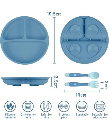 Vicloon Baby Suction Plate 3Pcs - Non Slip Silicone Weaning Plate for Toddler Kids - Divided Dishes for Self Feeding - Fits Highchairs Trays - Blue/Pink/Beige - Buy Online on GoSupps.com